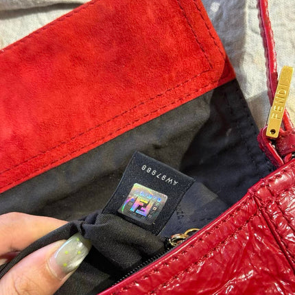 FENDI Baguette Red Crinkled Patent Leather Shoulder Bag