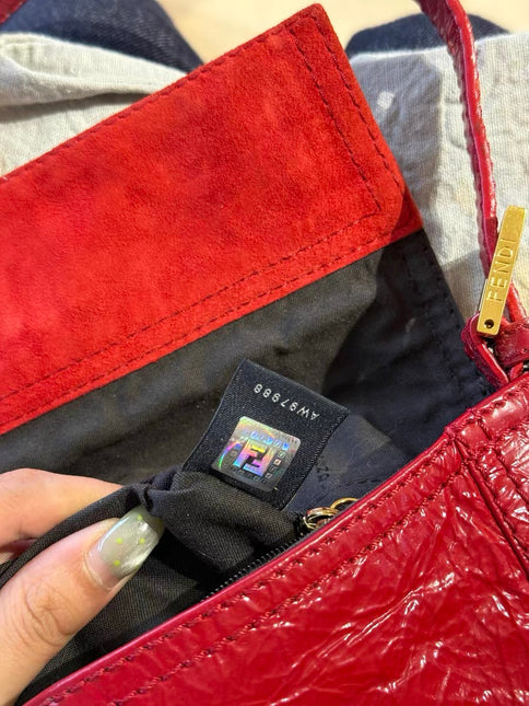 FENDI Baguette Red Crinkled Patent Leather Shoulder Bag