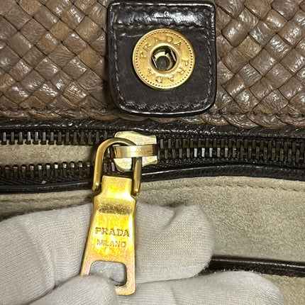 Prada Madras Brown Woven Leather Top Handle Shopping Tote Large