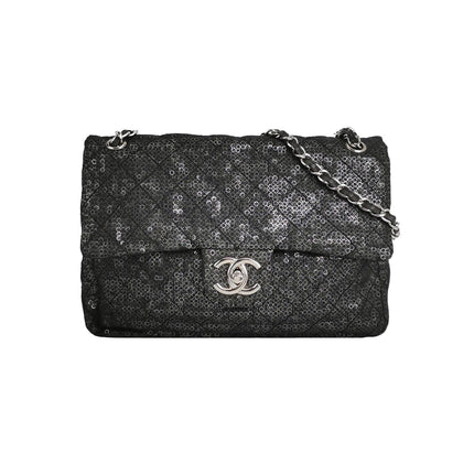 Chanel Black Mesh and Sequins Jumbo Maxi Classic Flap Silver Hardware 2008-Luxbags