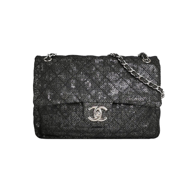 Chanel Black Mesh and Sequins Jumbo Maxi Classic Flap Silver Hardware 2008-Luxbags