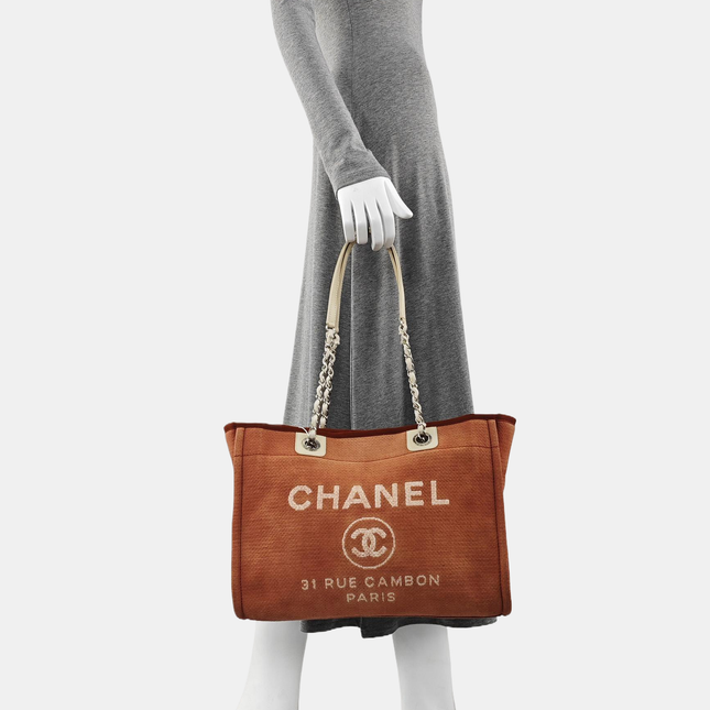 Chanel Deauville Tote Red Cloth Leather Chain Strap Small 34cm