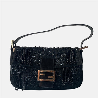 Fendi Baguette Vintage Black Beaded Tussle On Black Shoulder Bag