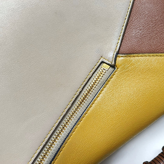 Loewe Puzzle Small Tricolor Tan Yellow Grey Braided Handle Crossbody Bag