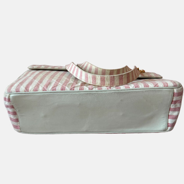 Chanel Vintage XXL Maxi Pink Striped Travel Flap Bag Canvas Gold Hardware