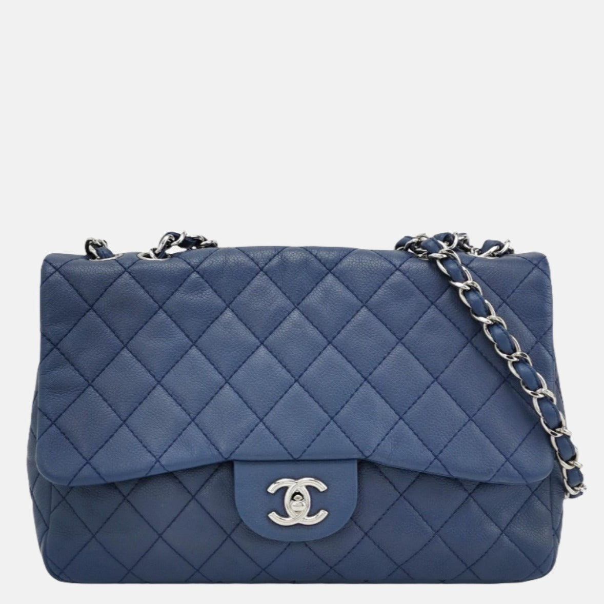 Chanel Classic Flap Large Navy Blue Caviar Leather Silver-tone Hardware-Luxbags