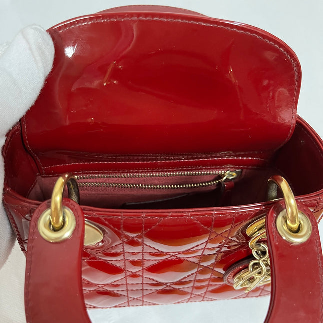 Lady Dior Mini Handbag 2019 Burgundy Red Patent Leather Gold-tone Chain Strap