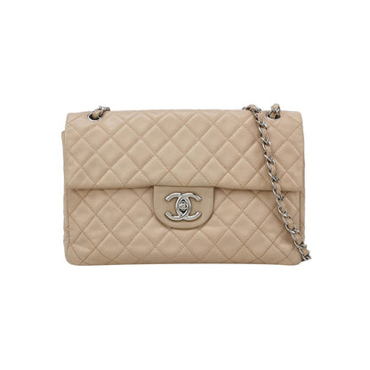 Chanel Classic Flap Maxi Beige Lambskin Leather Giant Siver-tone CC Logo-Luxbags