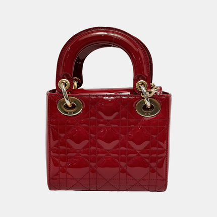 Lady Dior Mini Handbag Burgundy Red Patent Leather Gold-tone Chain Strap