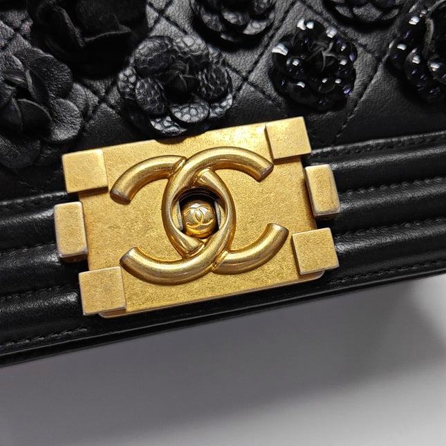 Chanel Le Boy Bag Small Camellia Black Lambskin Leather Gold Hardware
