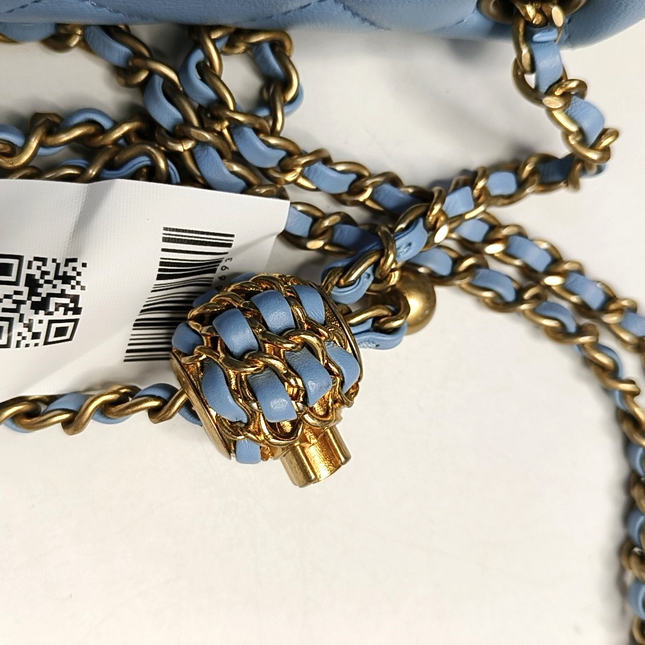 Chanel Classic Flap Mini Baby Blue Lambskin Pearl Crush Adjustable Gold Ball Chain