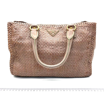 Prada Madras Brown Woven Leather Top Handle Shopping Tote Medium