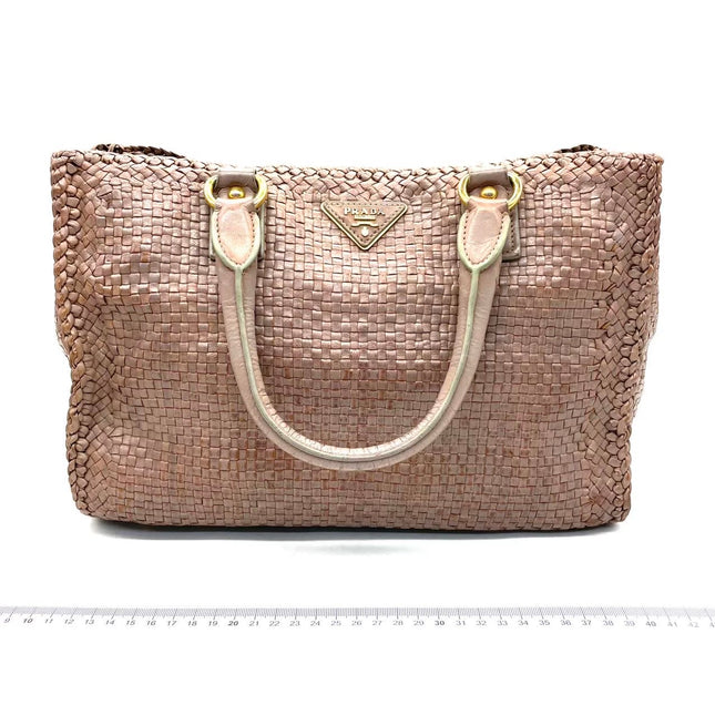 Prada Madras Brown Woven Leather Top Handle Shopping Tote Medium