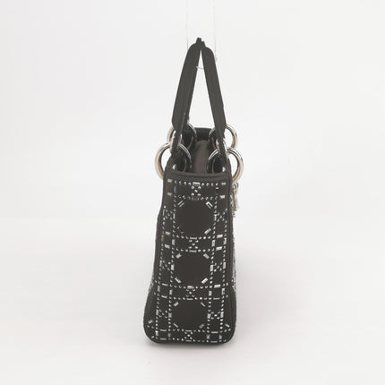 Lady Dior Mini Black Silk with Crystals Silver Hardware