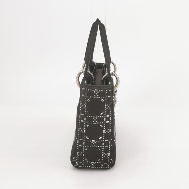Lady Dior Mini Black Silk with Crystals Silver Hardware