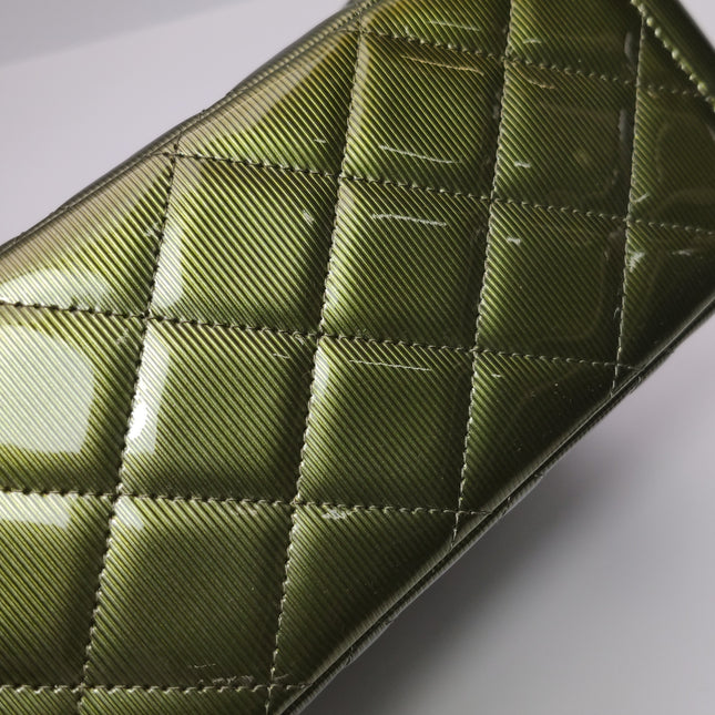 Chanel Classic Flap Maxi Metallic Green Patent Leather Double Flap Sliver Hardware 2012