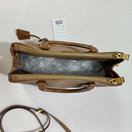 Prada Galleria Saffiano Leather Small Tan Brown Handbag with Strap 25cm