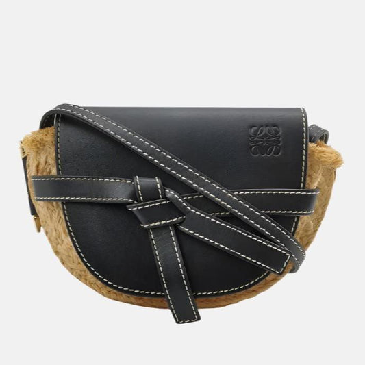 Loewe Gate Mini Black Leather and Straw Crossbody Bag-Luxbags