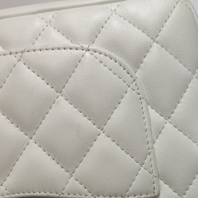 Chanel Cambon Clutch White Leather Snake Skin CC Logo Black Strap