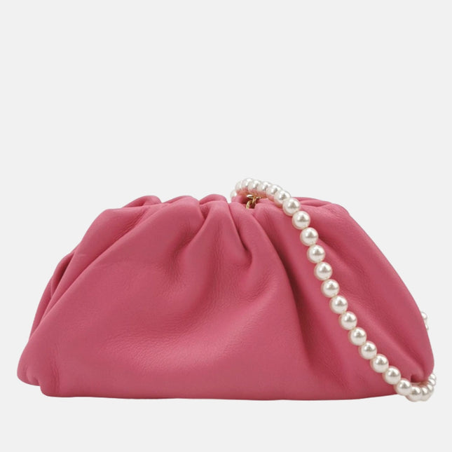 Bottega Veneta Pouch Super Mini Pink Calfskin Leather Crossbody Bag Pearl Chains-Luxbags