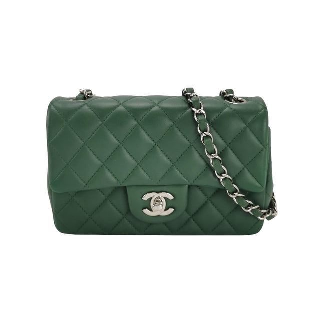 Chanel Classic Flap Mini Rectangular Green Lambskin Leather Silver Hardware