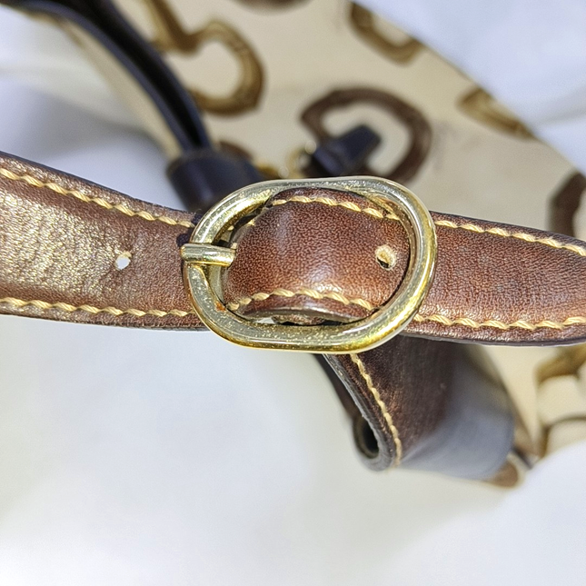 Gucci Jackie Vintage Medium Horsebit Print Cloth and Brown Leather Gold Hardware
