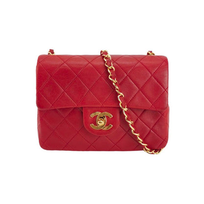 Chanel Vintage Classic Flap Mini Square Red Lambskin 24k Gold HW, 1989-1991-Luxbags