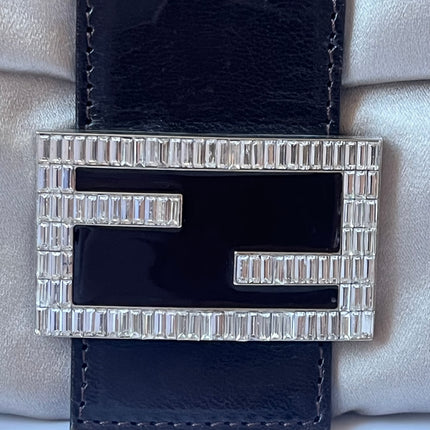 FENDI Baguette Beige Grey Silk Satin with Crystal Buckle Shoulder Bag