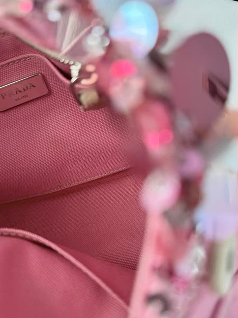 Prada Canape Small Pink Canvas with Sequins Top Handle Bag with Strap Rare