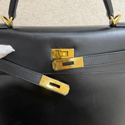 Hermes Kelly 32 Sellier Black Box Leather Double Ring Gold HW