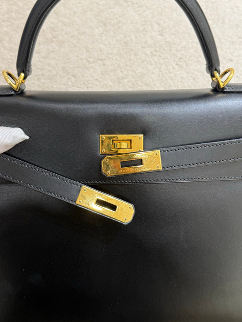 Hermes Kelly 32 Sellier Black Box Leather Double Ring Gold HW