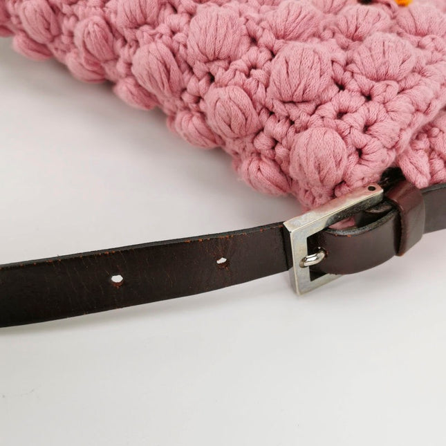 Fendi Baguette Bag Pink Crochet Knit Wool Pompom and Flowers Shoulder Bag