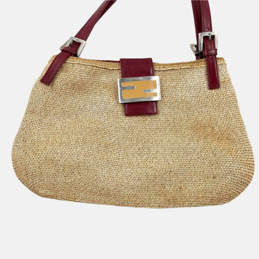 Fendi Mamma Baguette Raffia Straw Shoulder Bag Red Leather Strap-Luxbags