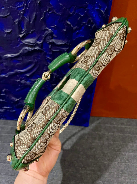 Gucci Horsebit 1955 Chain Bag Gucci Monogram Green Leather and Gold Studs