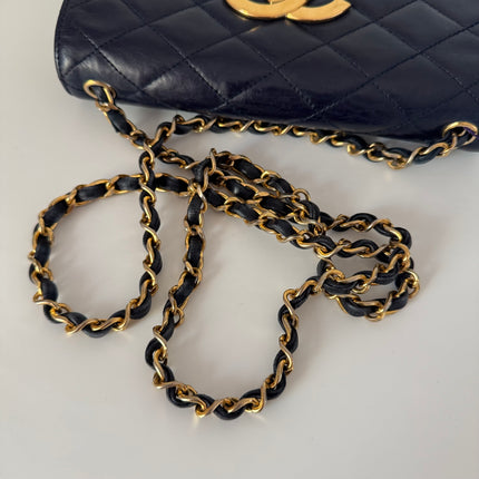 Chanel Vintage Classic Flap Mini Navy Lambskin Mega CC Logo 24k Gold HW, 1989-1991