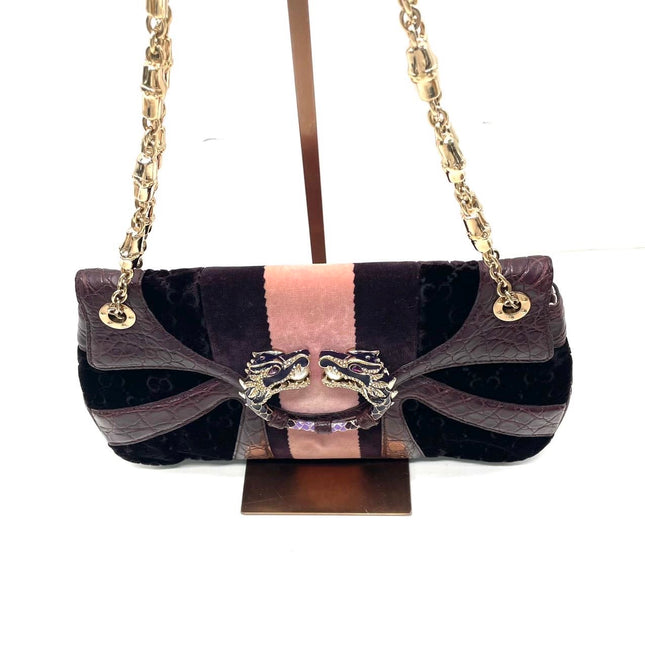 Gucci Jeweled Dragon Bag Purple Crocodile and GG Velvet Bamboo Chain Strap Shoulder Bag