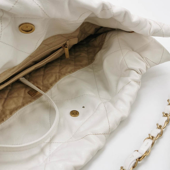 Sold Chanel 22 Hobo Bag Medium Shiny Calfskin Leather White with Gold-tone Hardware