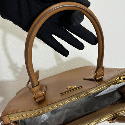 Prada Galleria Saffiano Leather Small Tan Brown Handbag with Strap 25cm
