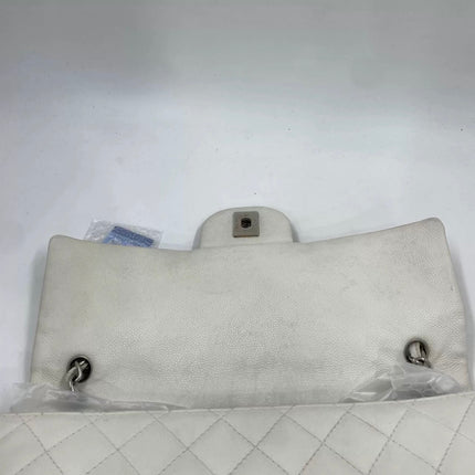 Chanel Classic Flap Maxi White Caviar Leather Silver-tone Hardware Giant CC Logo
