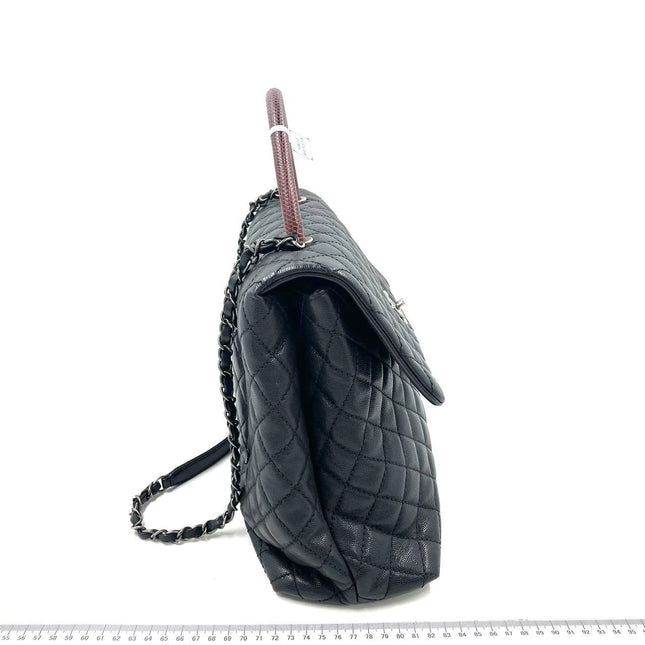 Chanel Coco Handle Maxi Black Caviar Leather Burgundy Lizard Handle Silver Hardware 32cm