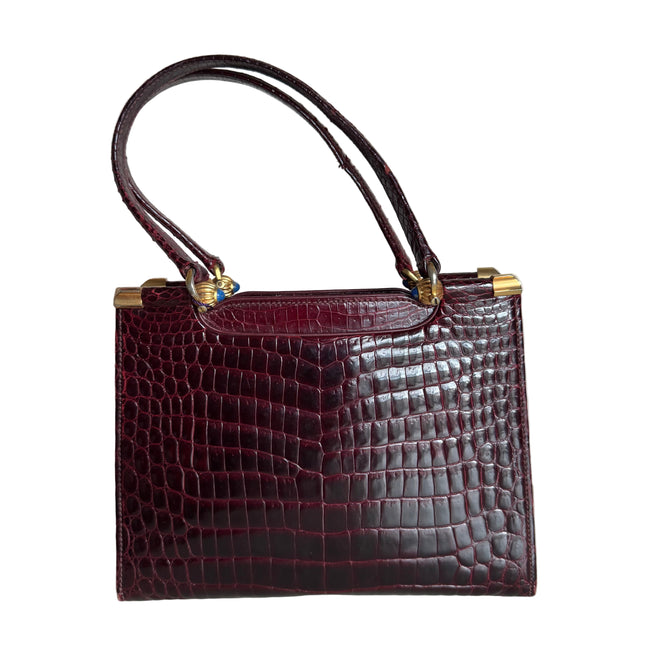 Gucci Vintage Burgundy Alligator Leather Blue Lapis Lazuli Stone Gold-tone Hardware Handbag