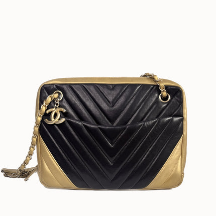 Sold Chanel Chevron Black and Gold Shoulder Bag-Luxbags