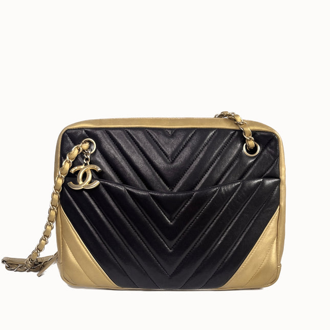 Sold Chanel Chevron Black and Gold Shoulder Bag-Luxbags