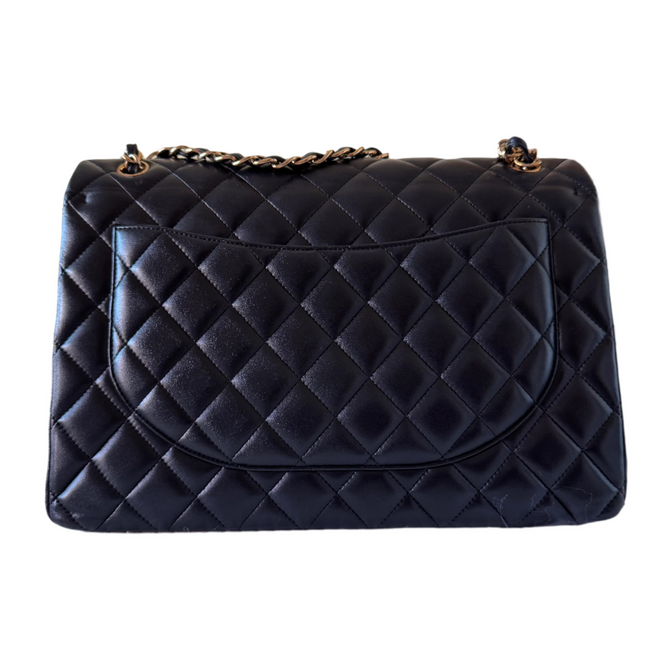 Chanel Classic Flap Maxi Black Lambskin Leather Double Flap with Gold-tone Hardware