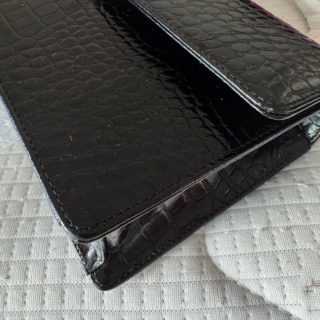 Hiroko Koshino Black Crocodile Print Calfskin Leather East West Clutch Bag