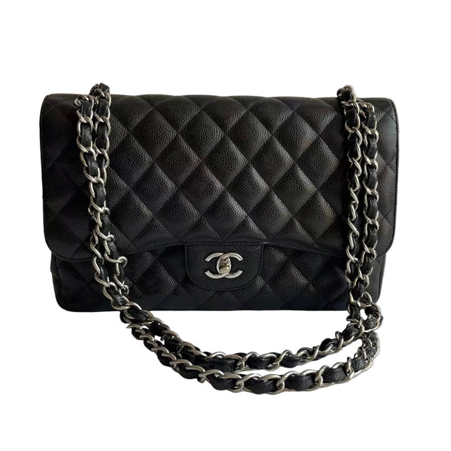 Chanel Classic Flap Jumbo Black Caviar Leather Double Flap Silver Hardware 2011