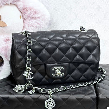 Chanel Classic Flap Mini 2014 Black Lambskin Camellia Charms Silver Hardware