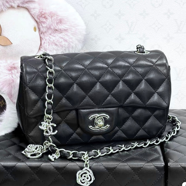 Chanel Classic Flap Mini 2014 Black Lambskin Camellia Charms Silver Hardware