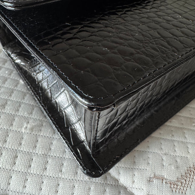 Hiroko Koshino Black Crocodile Print Calfskin Leather East West Clutch Bag