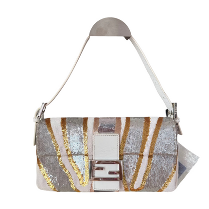 FENDI Baguette 1997 Zebra-Stripe Sequin White and Silver-Luxbags
